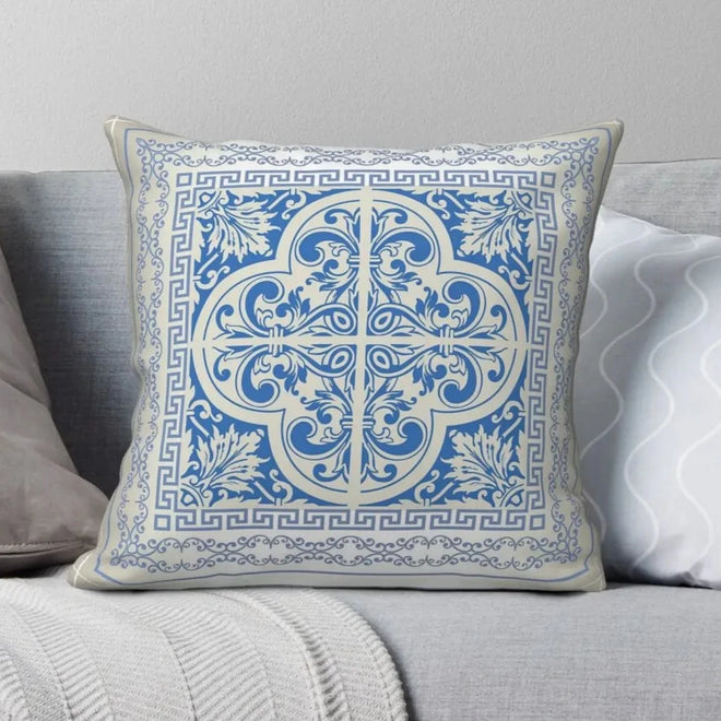 Mediterranean Cream Blue Greek Keys Soft Throw Pillow Covers - The Finishing Touch Decor, LLC