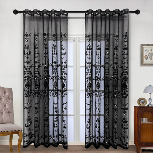 Lace Pearl French Embroidery Black Sheer Window Curtains - The Finishing Touch Decor, LLC