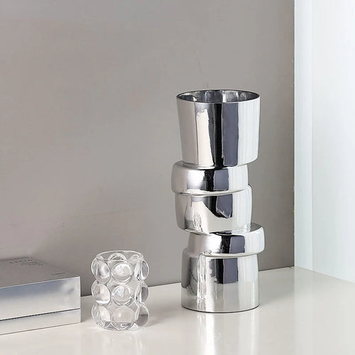 Displaced Stacked Round Silver Glass Geometric Vase - The Finishing Touch Decor, LLC