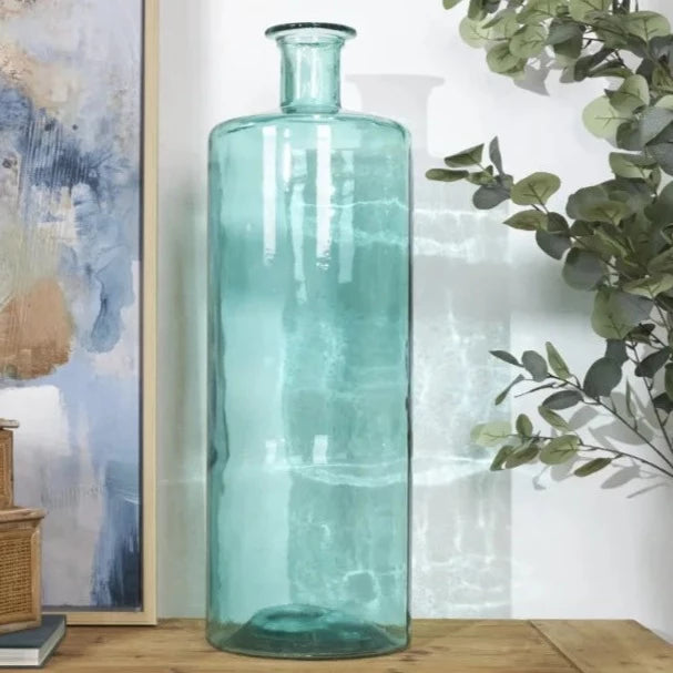Spanish Teal Blue 30" Huge Glass Bottle Vase - The Finishing Touch Decor, LLC