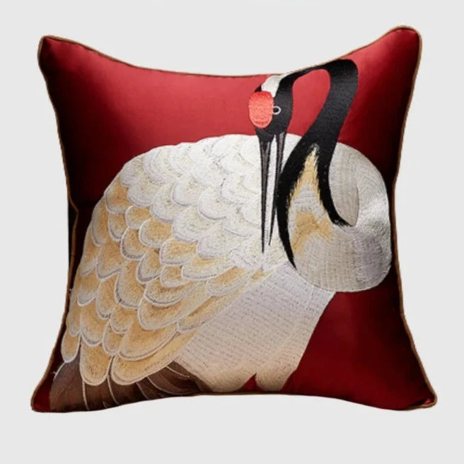 Oriental Crane Embroidery Luxury Satin Throw Pillow Covers - The Finishing Touch Decor, LLC