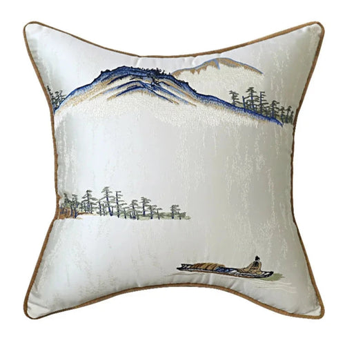 GUVINCI Chinoiserie Lumbar Pillow Cover Chinese Ancient Art Painting Landscape Mountains Embroidered Cushion Case For Couch Sofa