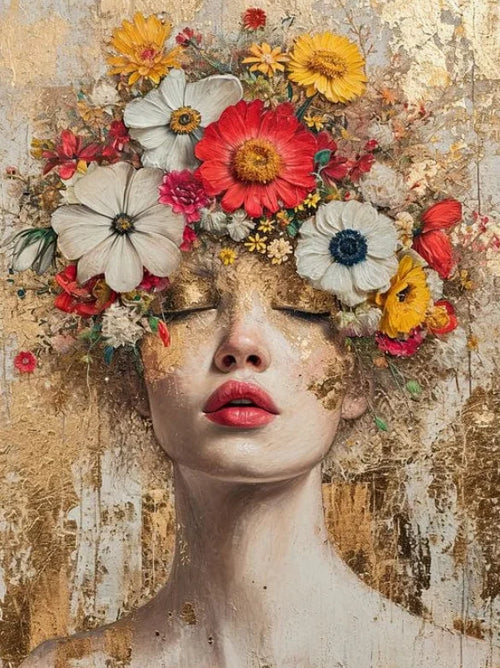 Colorful Gold Foil Fashion Mystical Floral Woman Canvas Painting Modern Wall Art Character Posters Prints Living Room Home Decor