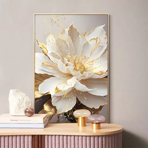 Lifelike Gold Leaf White Blooming Flowers Canvas Art - The Finishing Touch Decor, LLC