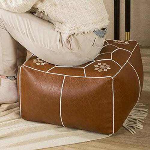 Moroccan Faux Leather Pouf Bohemian Ottoman Cover - The Finishing Touch Decor, LLC