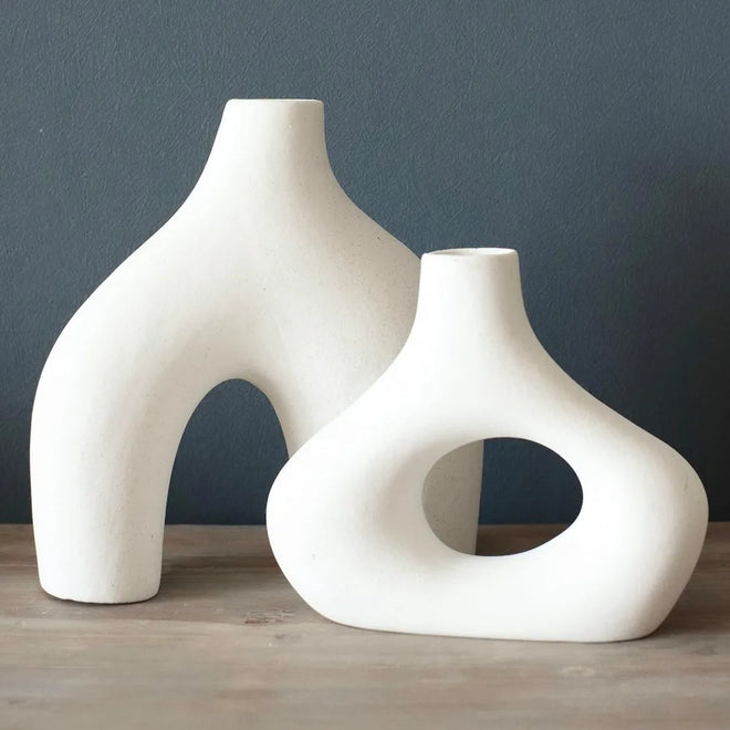 Minimalist Nordic White Ceramic Set of Dounut Vases