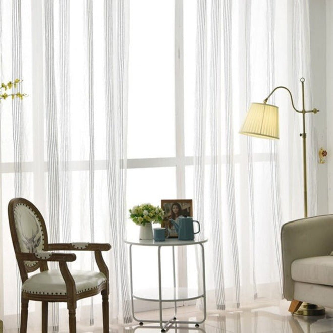 White & Grey Yarn Striped Sheer Cotton Linen Curtains - The Finishing Touch Decor, LLC