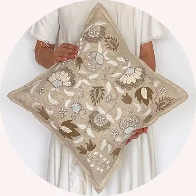 Hand-Stitched Beaded Beige Throw Pillow Covers - The Finishing Touch Decor, LLC