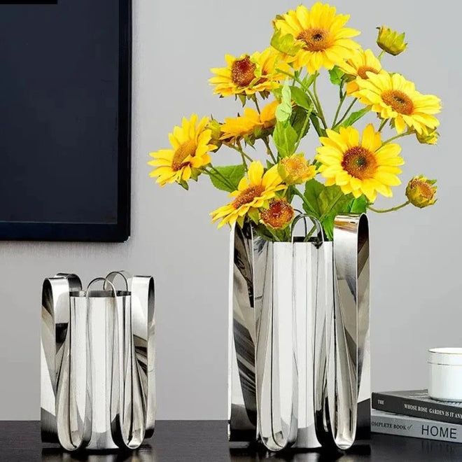 Minimalist Gold or Silver Steel Metal Ribbon Vase - The Finishing Touch Decor, LLC
