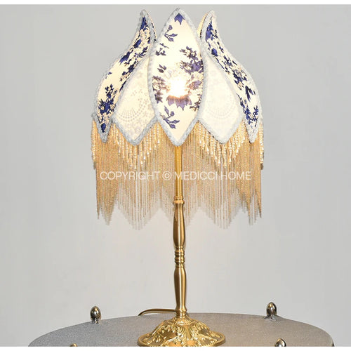 French Blue Floral Silk and Velvet Lampshade with Pearl Tassel - The Finishing Touch Decor, LLC