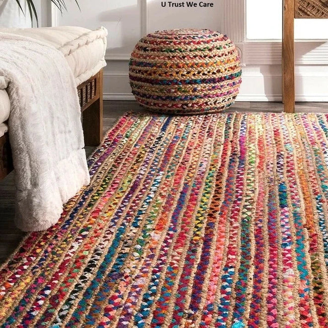 Colorful Natural Jute Cotton Braided Boho Area Rug - The Finishing Touch Decor, LLC