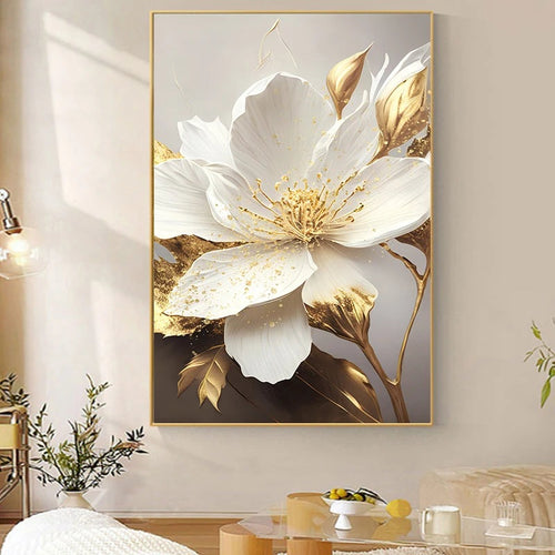 Lifelike Gold Leaf White Blooming Flowers Canvas Art - The Finishing Touch Decor, LLC