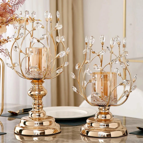 New-Classical Crystal Glass Shiny Metal Tall Tea Pillar Candle Holders - The Finishing Touch Decor, LLC