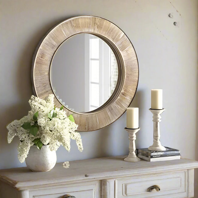 Decorative Mirrors, 31.5-Inch Rustic Round Wood Mirror, Circular Coastal Farmhouse Wooden Mirror for Bathroom Wall Decor, Brown - The Finishing Touch Decor, LLC