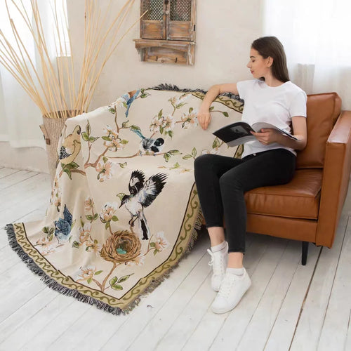 Chinoiserie Flower & Bird Vintage Style Tapestry Throw Blanket - The Finishing Touch Decor, LLC