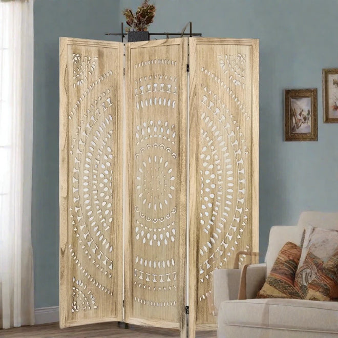 Tall Boho Natural Wood Mandela Screen 3 Panel Room Divider - The Finishing Touch Decor, LLC