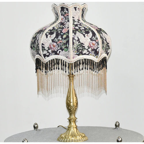 Retro Swan Chinoiserie Print Beaded Tassel Lampshade - The Finishing Touch Decor, LLC