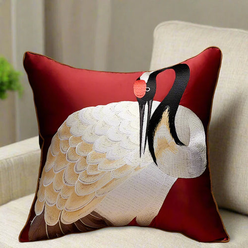 Oriental Crane Embroidery Luxury Satin Throw Pillow Covers - The Finishing Touch Decor, LLC