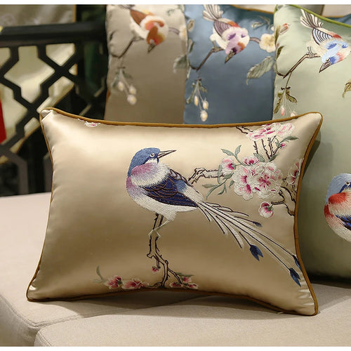 Cherry Blossom & Bird Embroidered Satin Throw Pillow Cushion Covers - The Finishing Touch Decor, LLC