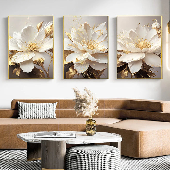 Lifelike Gold Leaf White Blooming Flowers Canvas Art - The Finishing Touch Decor, LLC