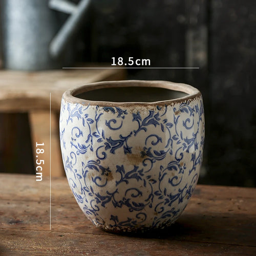 Chinese Antique Blue & White Pastoral Design Pottery Planter - The Finishing Touch Decor, LLC