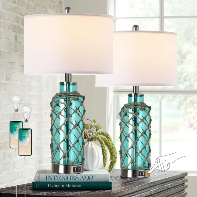 Turquoise Glass Coastal Dimmable Bedside Lamp - The Finishing Touch Decor, LLC