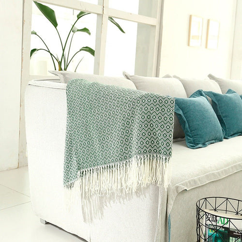 Green Tasseled Geometric Printed Knit Throw Blanket - The Finishing Touch Decor, LLC