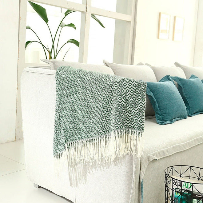 Green Tasseled Geometric Printed Knit Throw Blanket - The Finishing Touch Decor, LLC