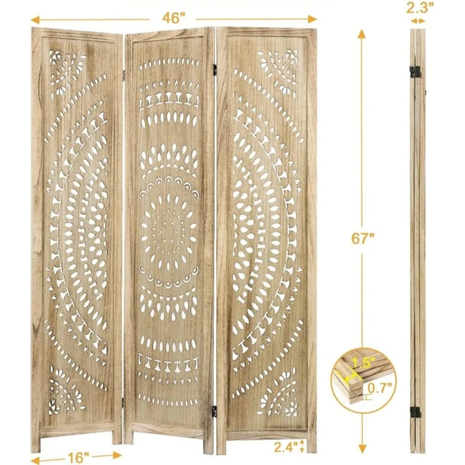 Tall Boho Natural Wood Mandela Screen 3 Panel Room Divider - The Finishing Touch Decor, LLC