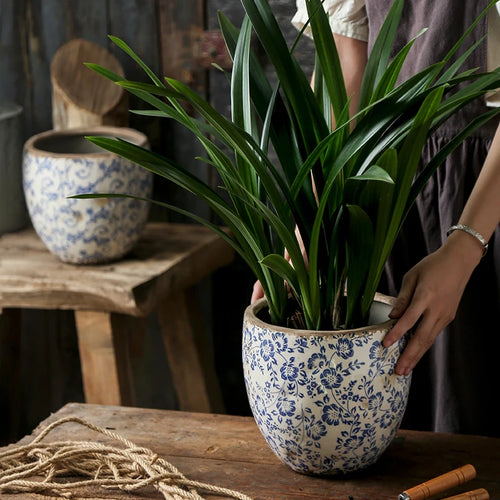 Chinese Antique Blue & White Pastoral Design Pottery Planter - The Finishing Touch Decor, LLC