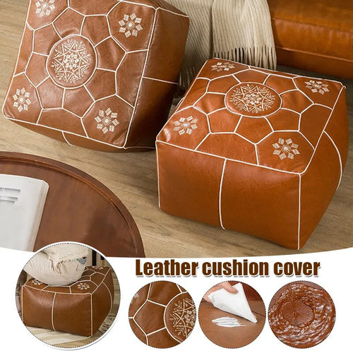 Moroccan Faux Leather Pouf Bohemian Ottoman Cover - The Finishing Touch Decor, LLC