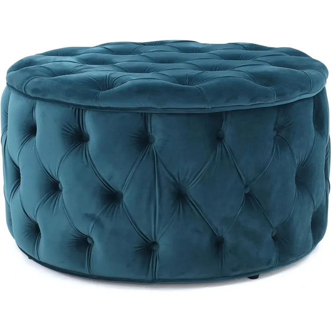 Round Dark Teal Velvet Ottoman Stool - The Finishing Touch Decor, LLC