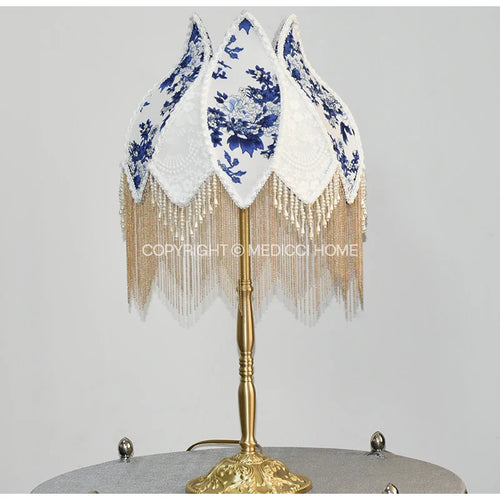 French Blue Floral Silk and Velvet Lampshade with Pearl Tassel - The Finishing Touch Decor, LLC