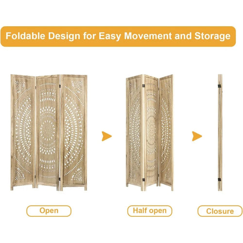 Tall Boho Natural Wood Mandela Screen 3 Panel Room Divider - The Finishing Touch Decor, LLC