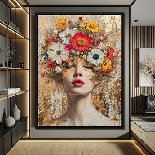 Colorful Gold Foil Fashion Mystical Floral Woman Canvas Painting Modern Wall Art Character Posters Prints Living Room Home Decor