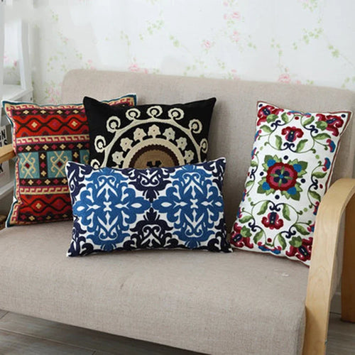 Home Decor Embroidered Cushion Cover Ethnic Floral Canvas Cotton Rectangle Embroidery Pillow Cover Lumbar Pillow Case 30x50cm