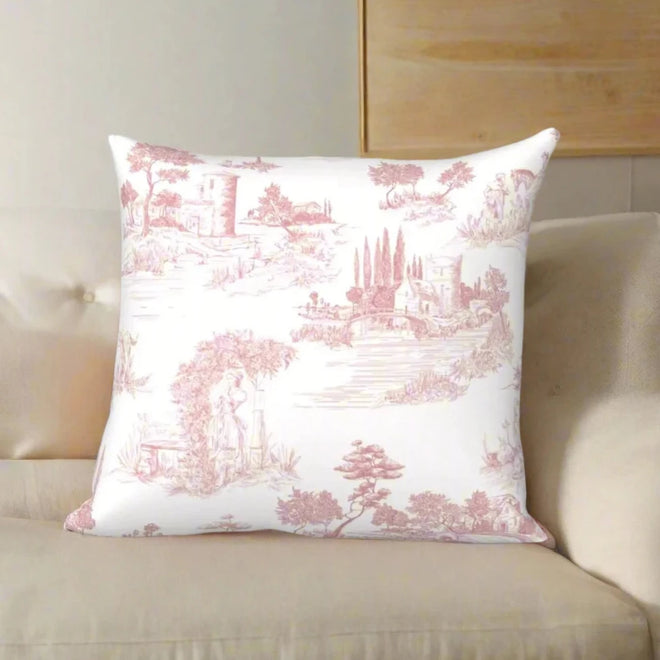 Pink "Toile De Jouy" Vintage Print Velvet & Linen Throw Pillow Covers