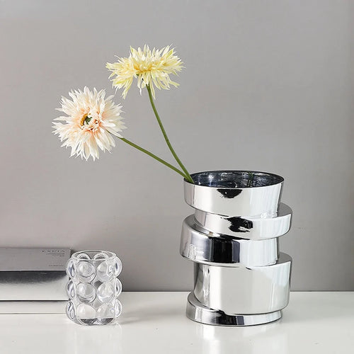 Displaced Stacked Round Silver Glass Geometric Vase - The Finishing Touch Decor, LLC