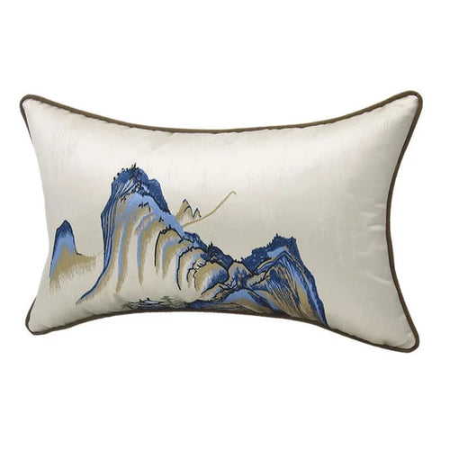 GUVINCI Chinoiserie Lumbar Pillow Cover Chinese Ancient Art Painting Landscape Mountains Embroidered Cushion Case For Couch Sofa