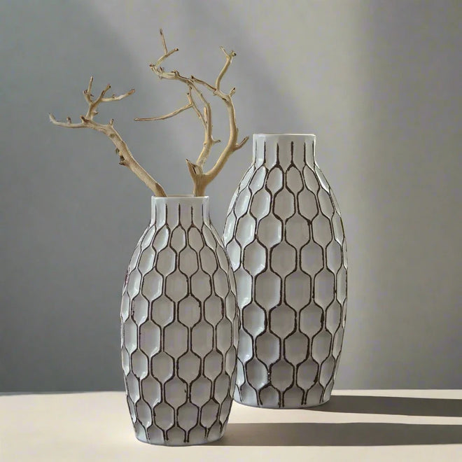 Brown & White Ceramic Honeycomb Pattern Vase Set of 2 - The Finishing Touch Decor, LLC