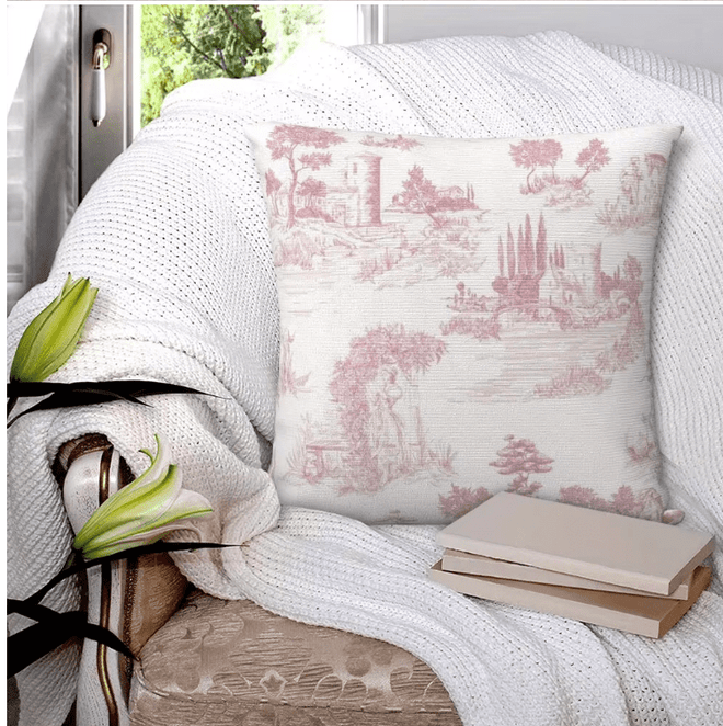 Pink "Toile De Jouy" Vintage Print Velvet & Linen Throw Pillow Covers