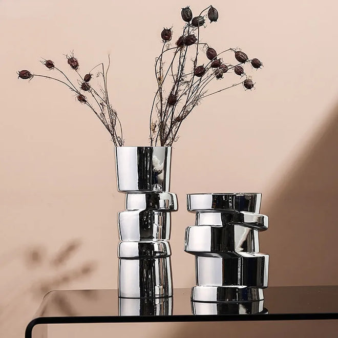 Displaced Stacked Round Silver Glass Geometric Vase - The Finishing Touch Decor, LLC