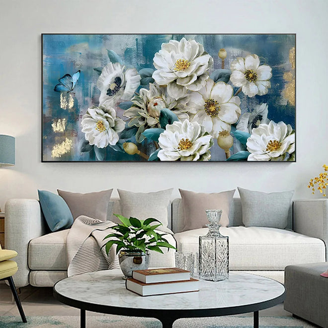 Modern Floral White Blue Watercolor Posters Wall Art Canvas Painting Prints Pictures Living Room Interior Home Decoration