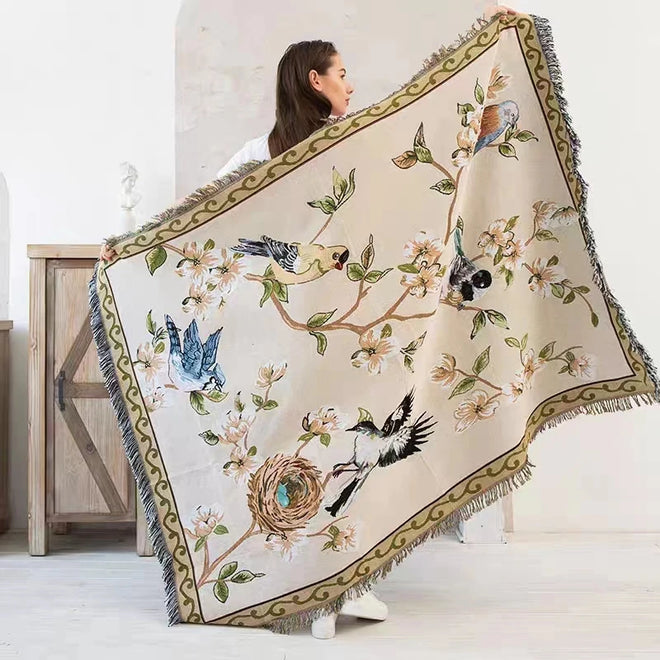 Chinoiserie Flower & Bird Vintage Style Tapestry Throw Blanket - The Finishing Touch Decor, LLC