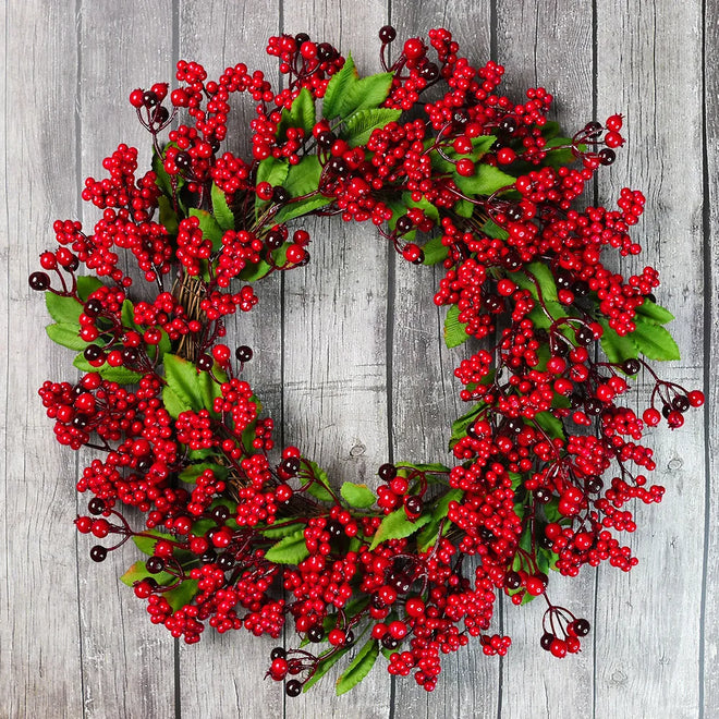 Yannew Christmas Red Berry Wreath for Front Door Outside Xmas Handmade Artificial Holly Berries Wreath Winter Home Wall Decor