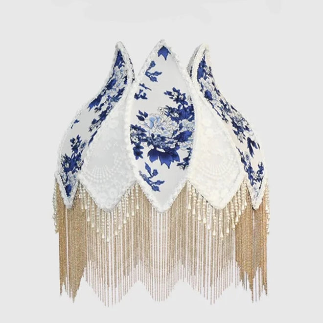 French Blue Floral Silk and Velvet Lampshade with Pearl Tassel - The Finishing Touch Decor, LLC