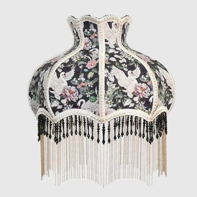 Retro Swan Chinoiserie Print Beaded Tassel Lampshade - The Finishing Touch Decor, LLC