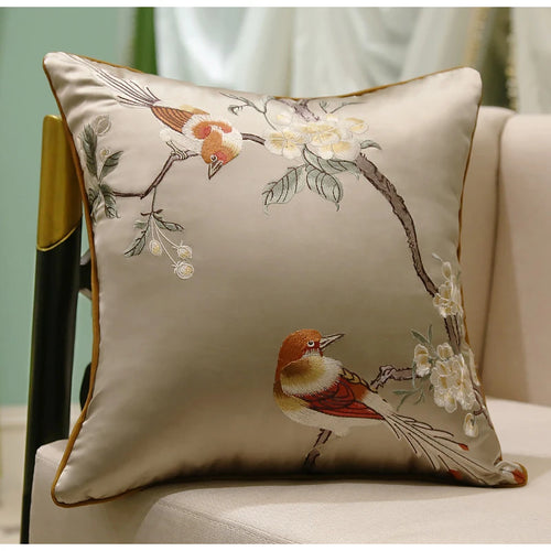 Cherry Blossom & Bird Embroidered Satin Throw Pillow Cushion Covers - The Finishing Touch Decor, LLC