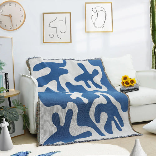 Blue White Coral Pattern Coastal Fringed Throw Blanket - The Finishing Touch Decor