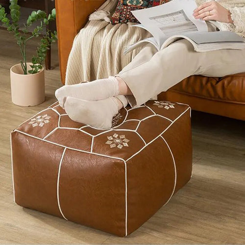 Moroccan Faux Leather Pouf Bohemian Ottoman Cover - The Finishing Touch Decor, LLC